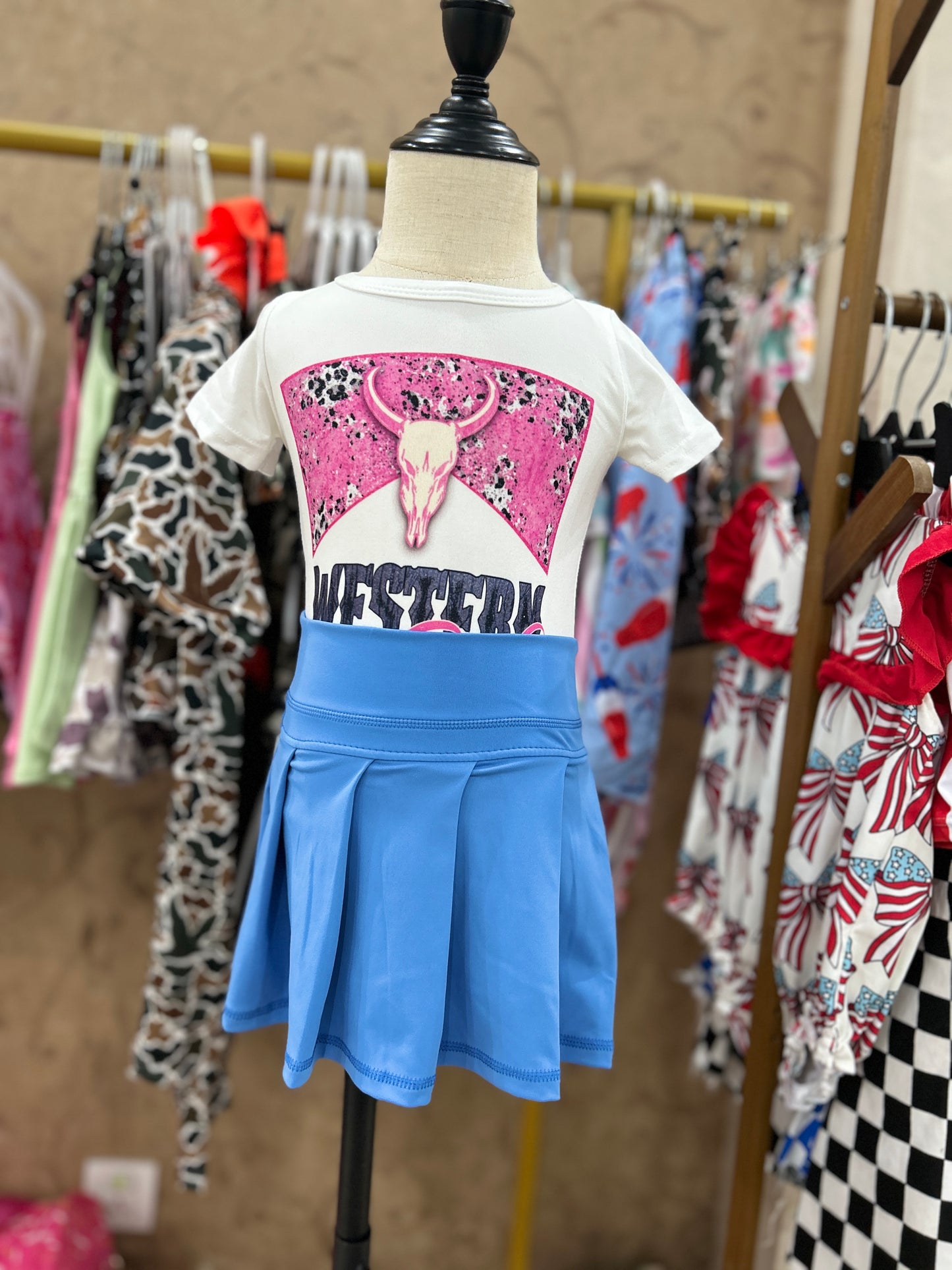 Girls western babe shirt matching dark blue yoga skirt summer outfit