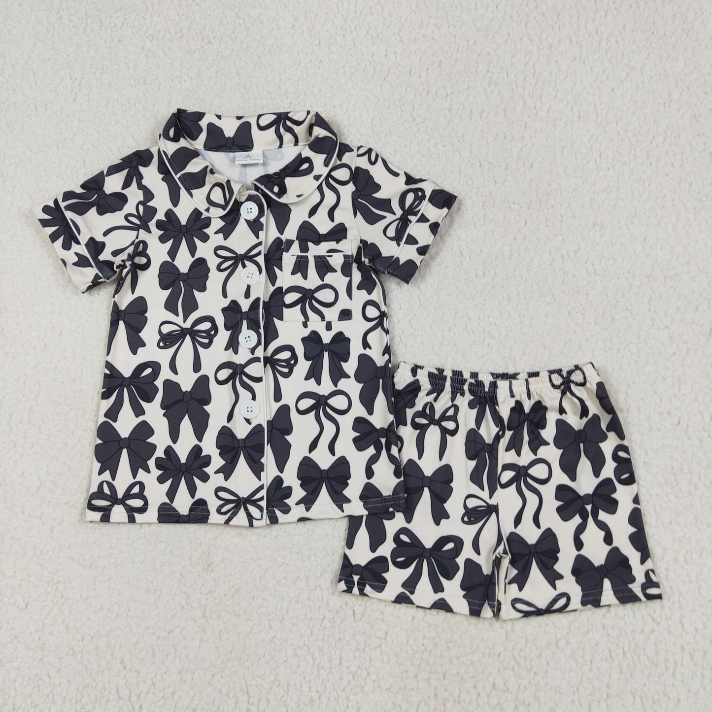 mommy and me black bow short sleeve button down pajama set
