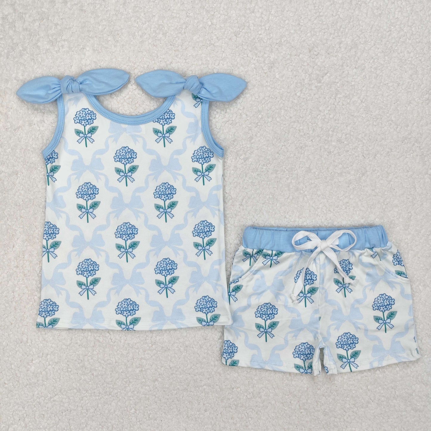 Toddle baby girl blue bow floral matching summer outfit