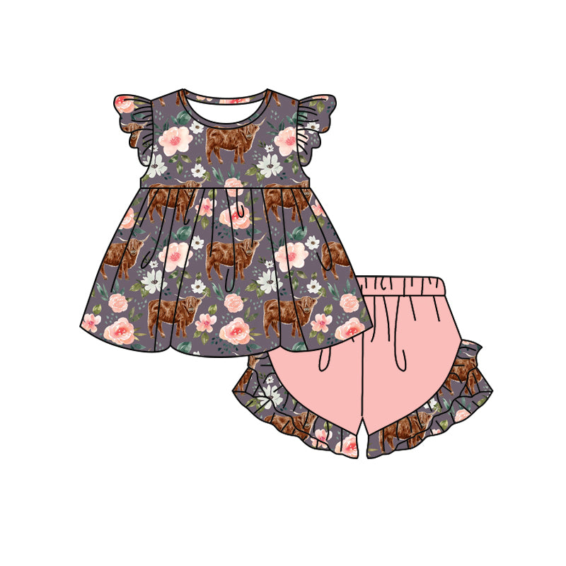 baby girl floral highland cow design outfit