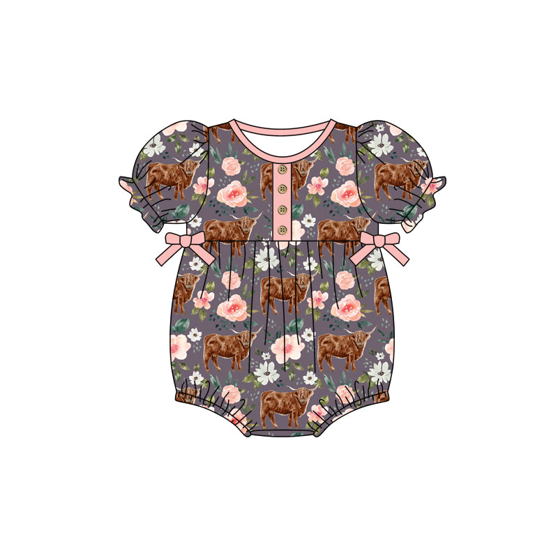 infant baby girl floral highland cow romper