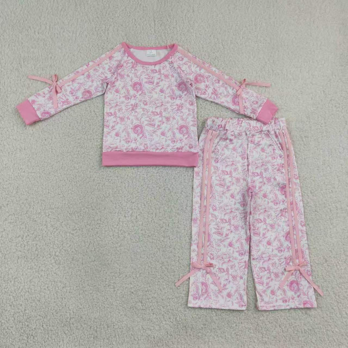 Blue flowers print long sleeve top matching pants girls fall outfit