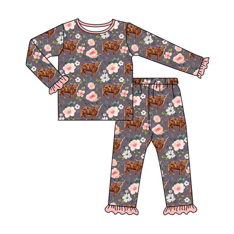 baby girl floral highland cow long sleeve outfit