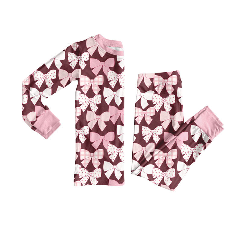 Pink bow design kids long sleeve pajama set wholesal factory price