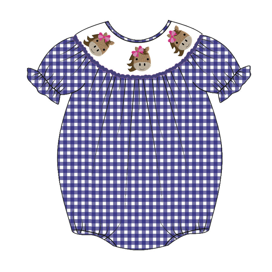 Newborn baby girls horse print blue gingham romper