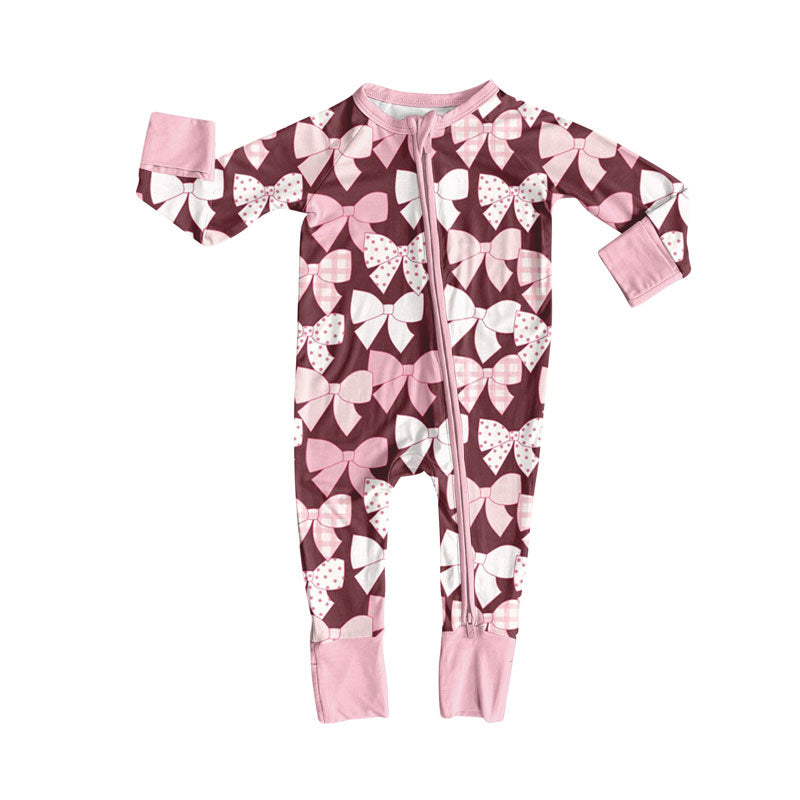 toddle baby pink bow design long sleeve zip romper
