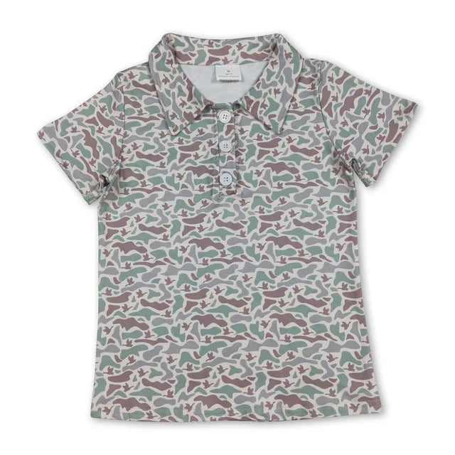 Baby boy short sleeve grey green camo button t-shirt