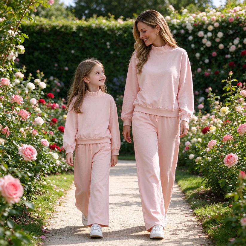 Mommy and me pink color long sleeve mock neck top matching leggings set