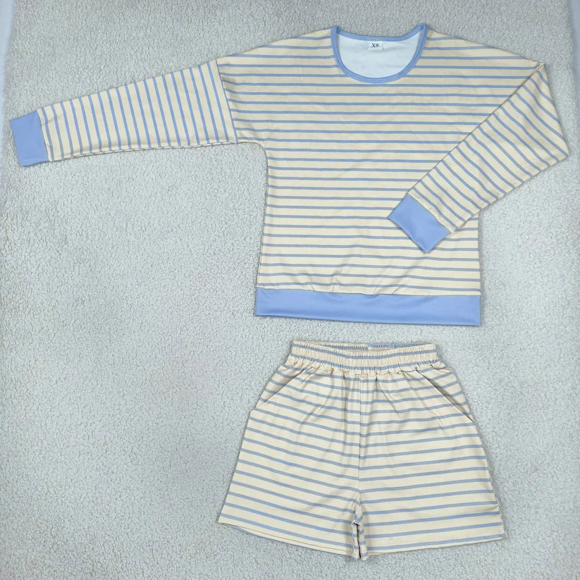 Mommy and me Blue Cream Striped Long Sleeve Top Elastic Waist Shorts Clothes Set