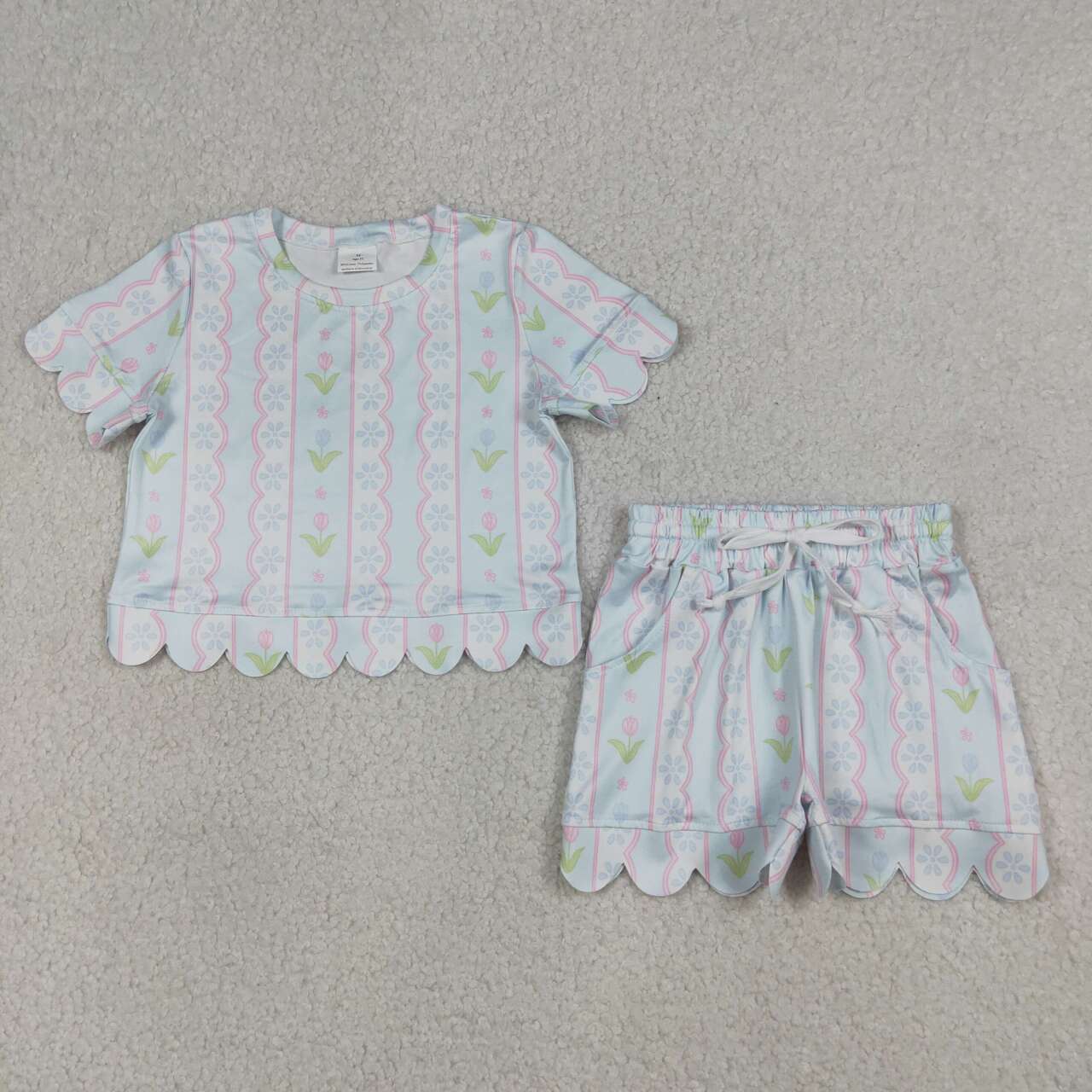 Blue flowers design top matching shorts girls summer outfit