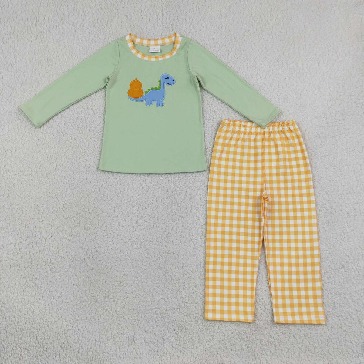 Long sleeve embroidery dinosaur pumpkin top matching pants girl wholesale factory price outfit