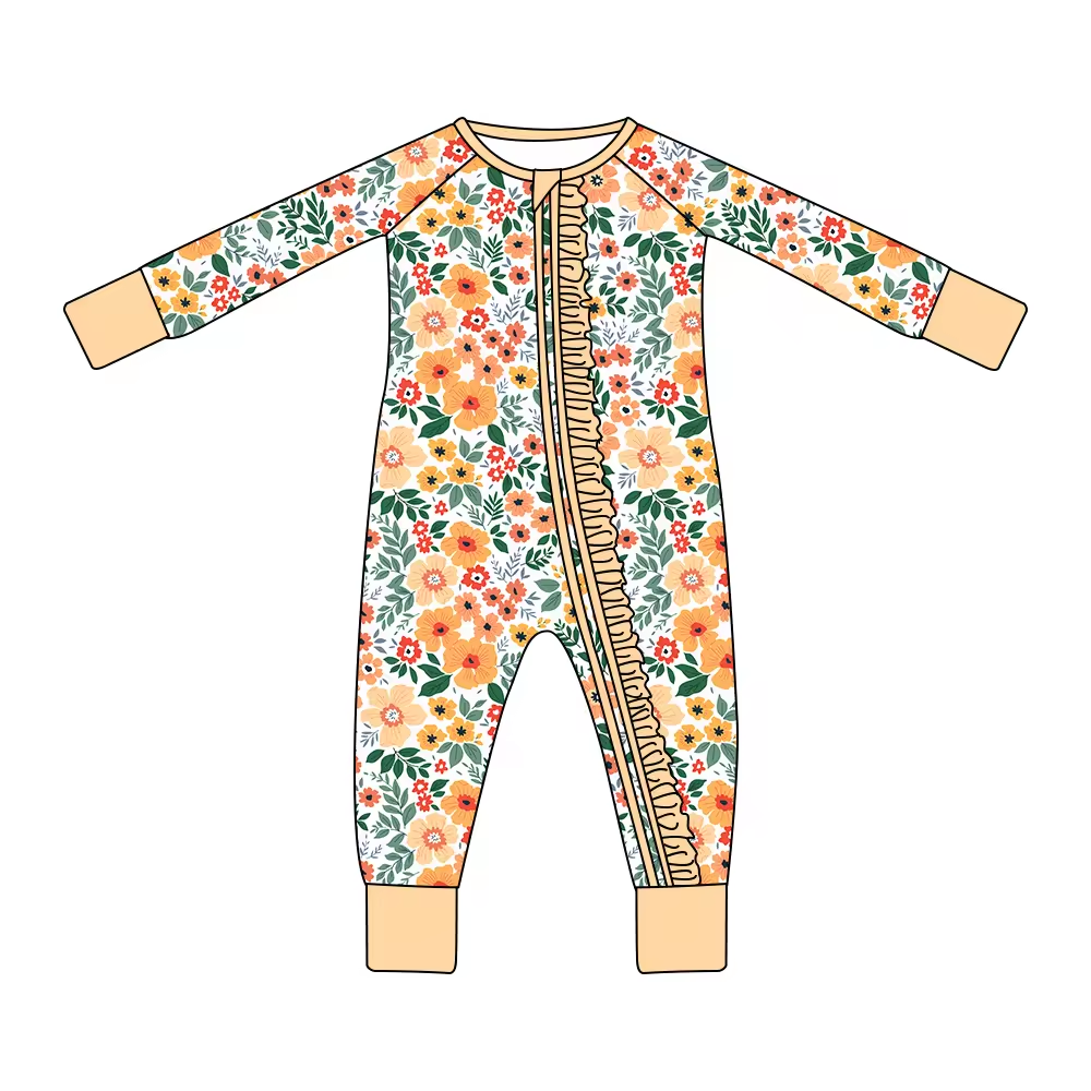 infant baby long sleeve yellow floral zip romper