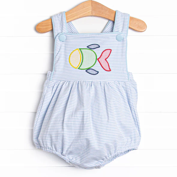 infant baby girls blue stripes sea fish romper