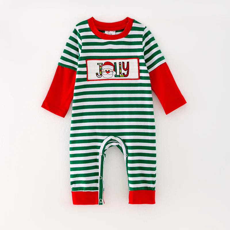 Newborn baby boy Christmas Santa Cluas green stripes romper