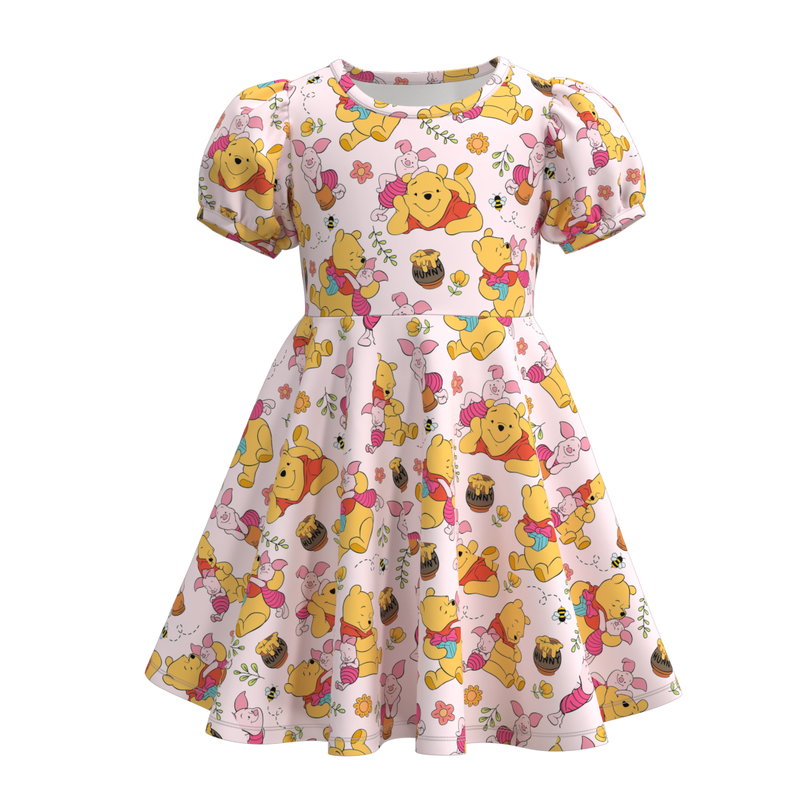 Wholesale Kids Girls Cartoon Bear Short Sleeve Dress