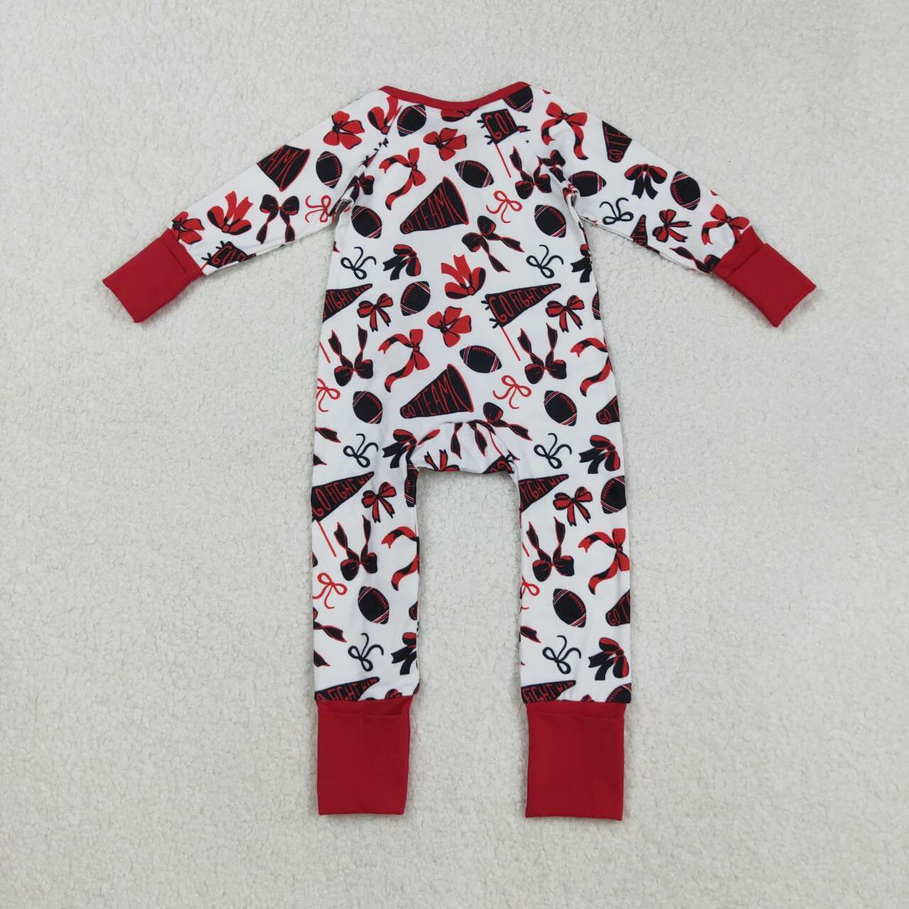 Red bow football design girls long sleeve romper