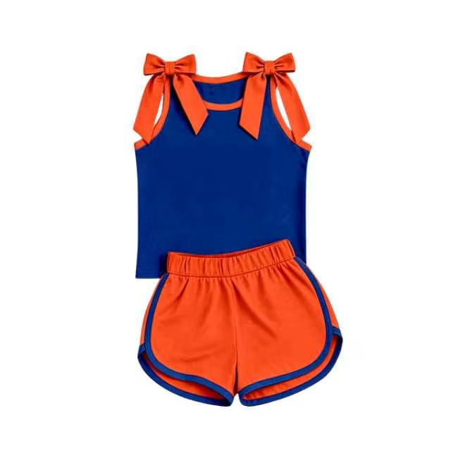 Solid color bow top matching shorts girls summer outfit