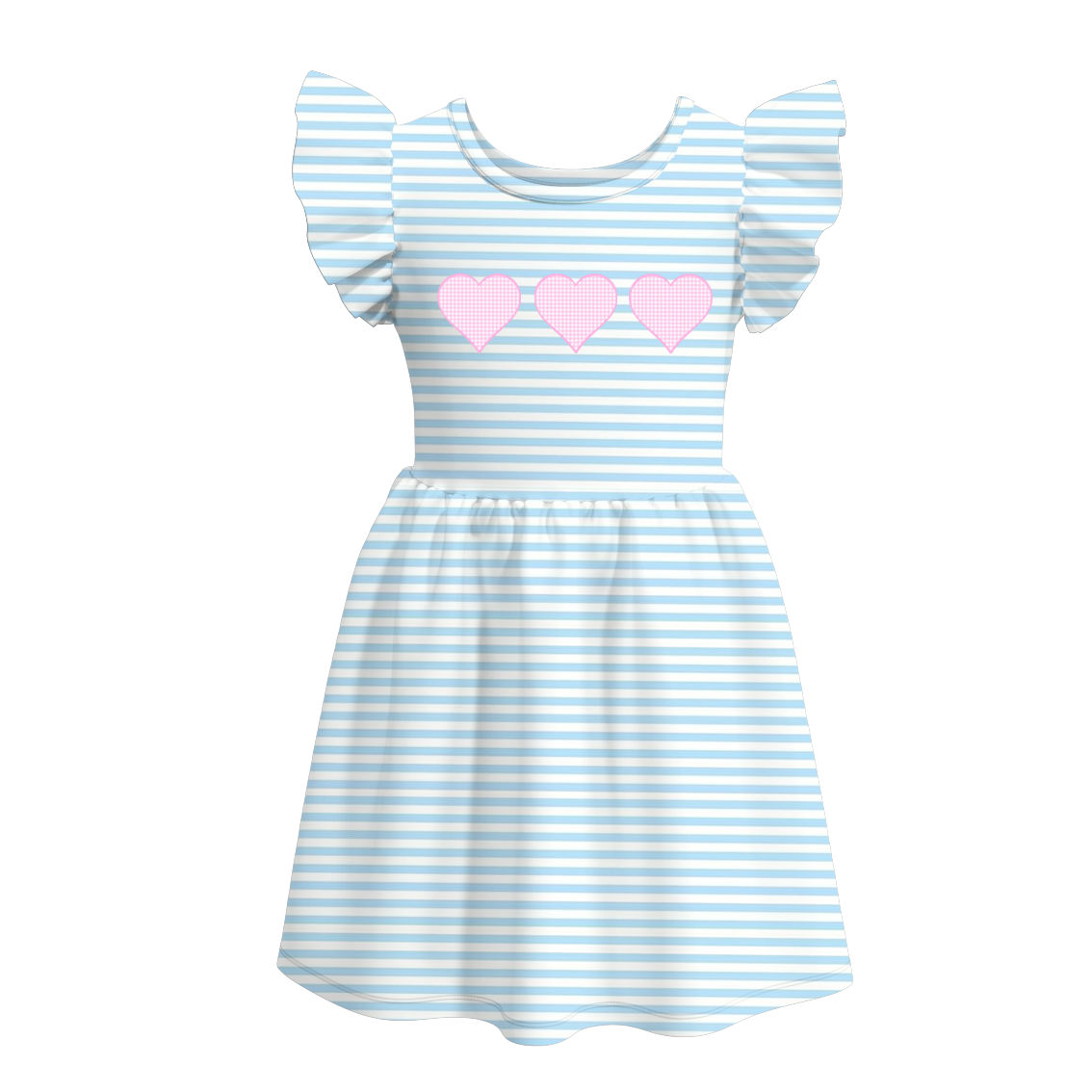 Wholesale Kids Girls Blue Stripes Heart Print Short Sleeve Dress