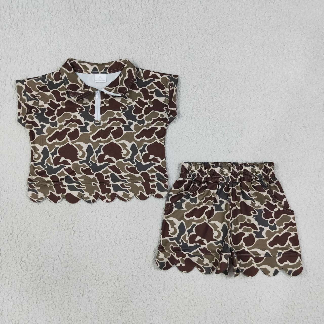 Dark brown Camo short sleeve pullover top matching shorts girl summer outfit