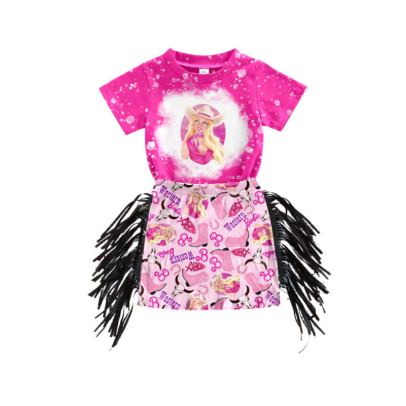 toddle baby girl short sleeve pink doll design skirts outfit