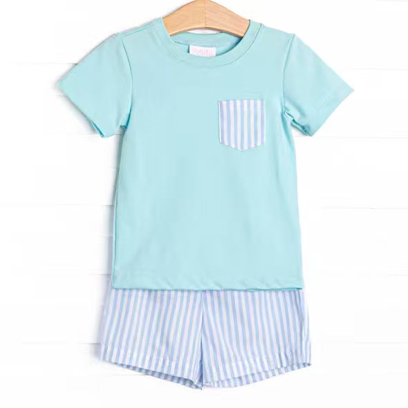 Blue pocket top matching shorts boy summer outfit