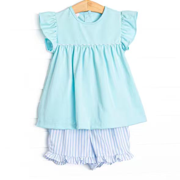 Blue short sleeve top matching shorts girl summer outfit
