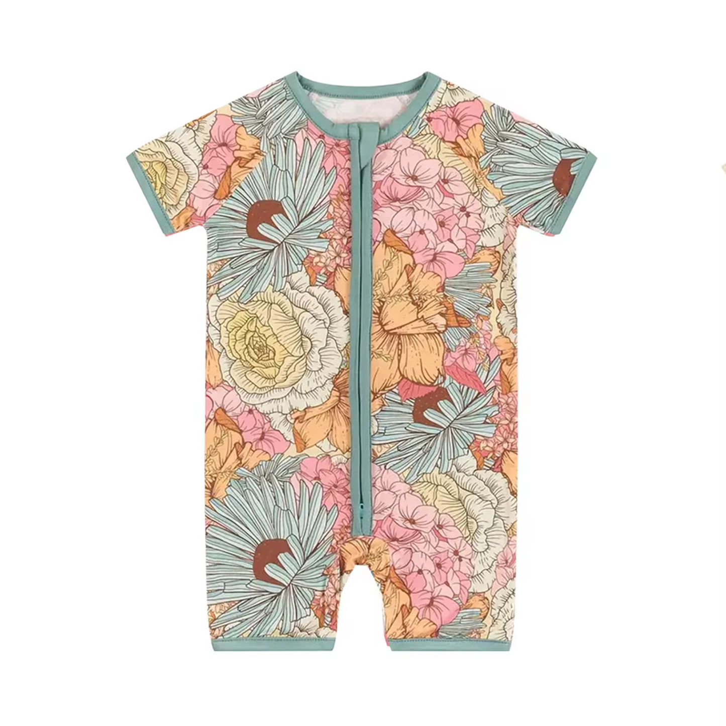 infant baby short sleeve floral zip romper