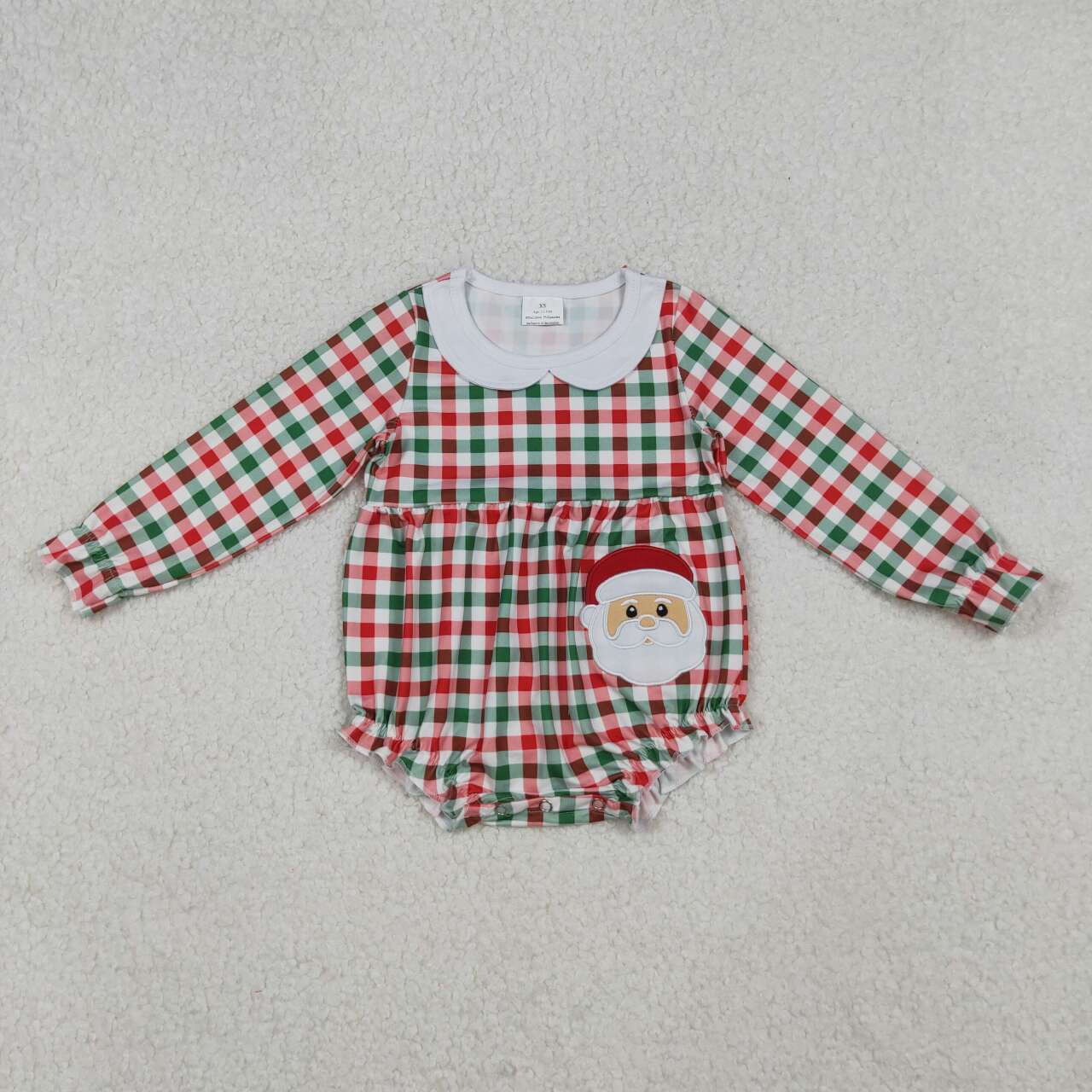 Christmas embroidery Santa Claus green red plaid long sleeve romper