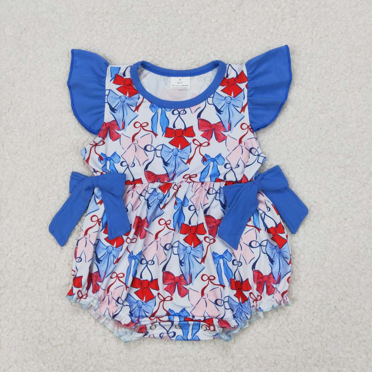 Infant girls blue pink red bow July 4th romper