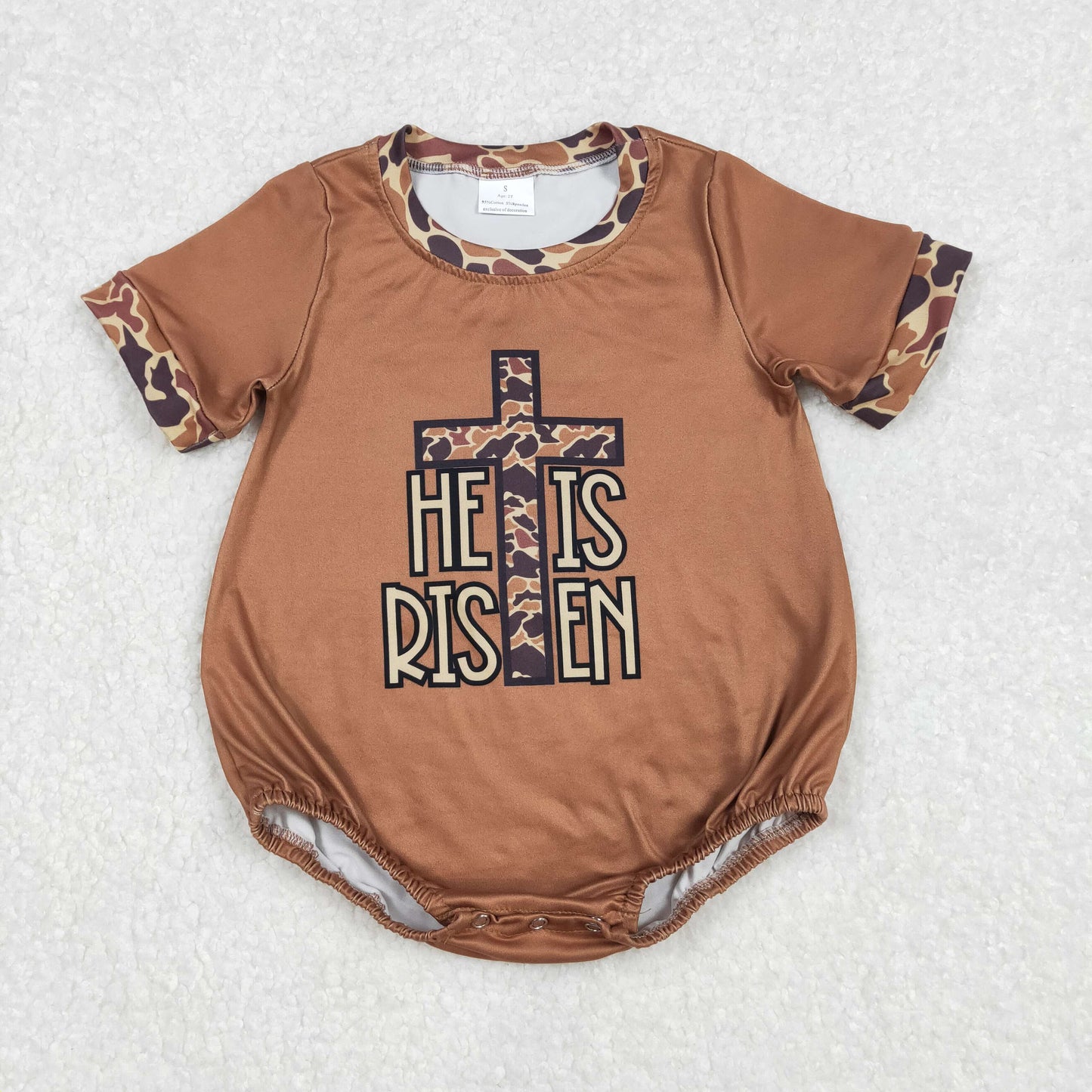 He is risen Easter cross baby boy romper