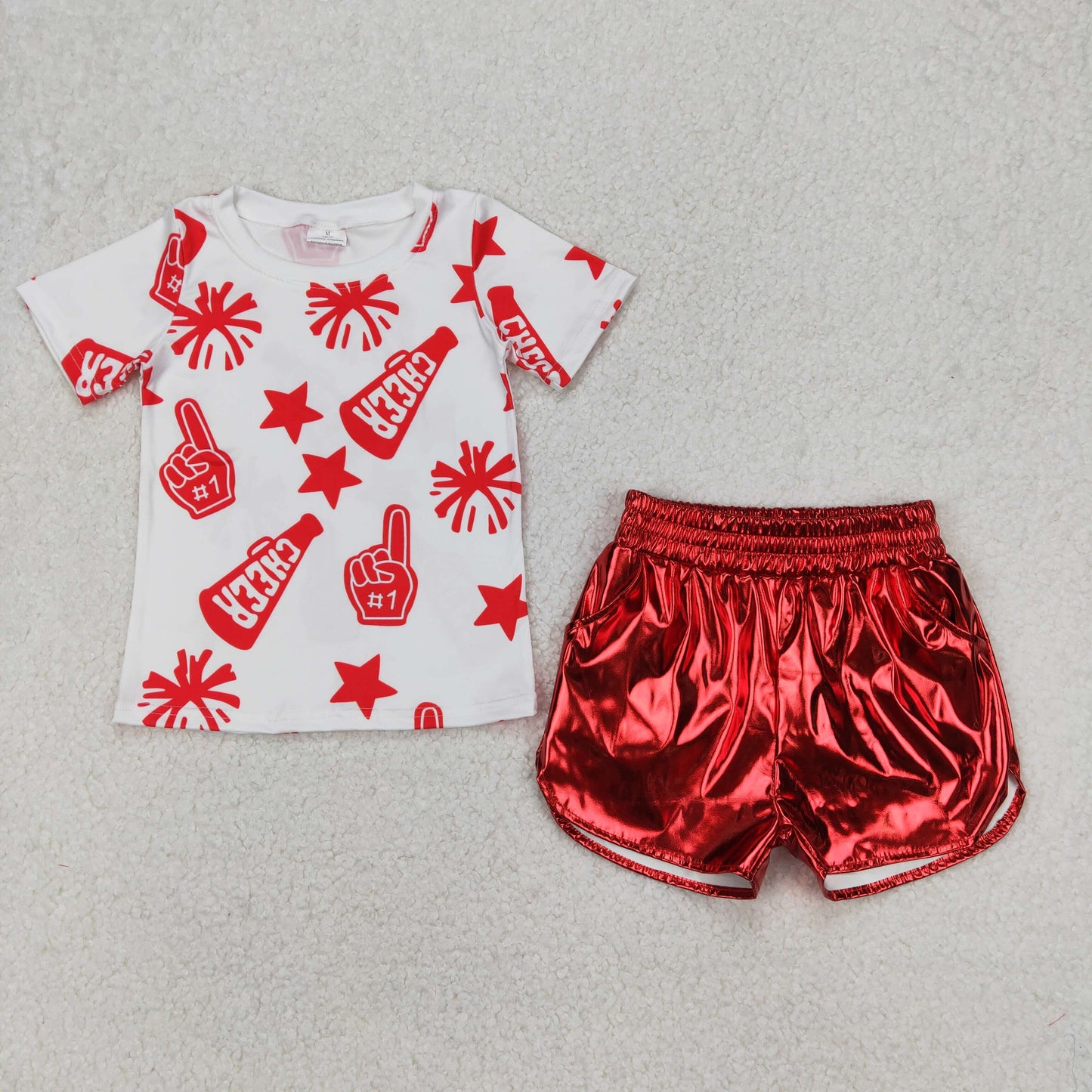 Girls red cheer shirt pu shorts girl summer outfit