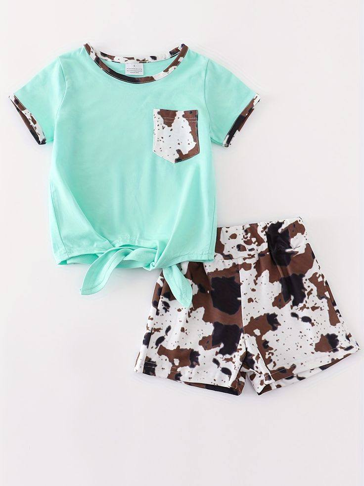 Baby Girls Blue Pocket Shirt Brown Cowhide Shorts Outfit 