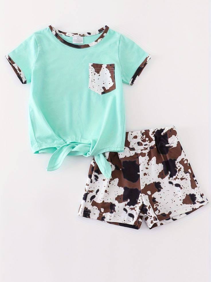 baby girls blue pocket shirt brown cowhide shorts outfit