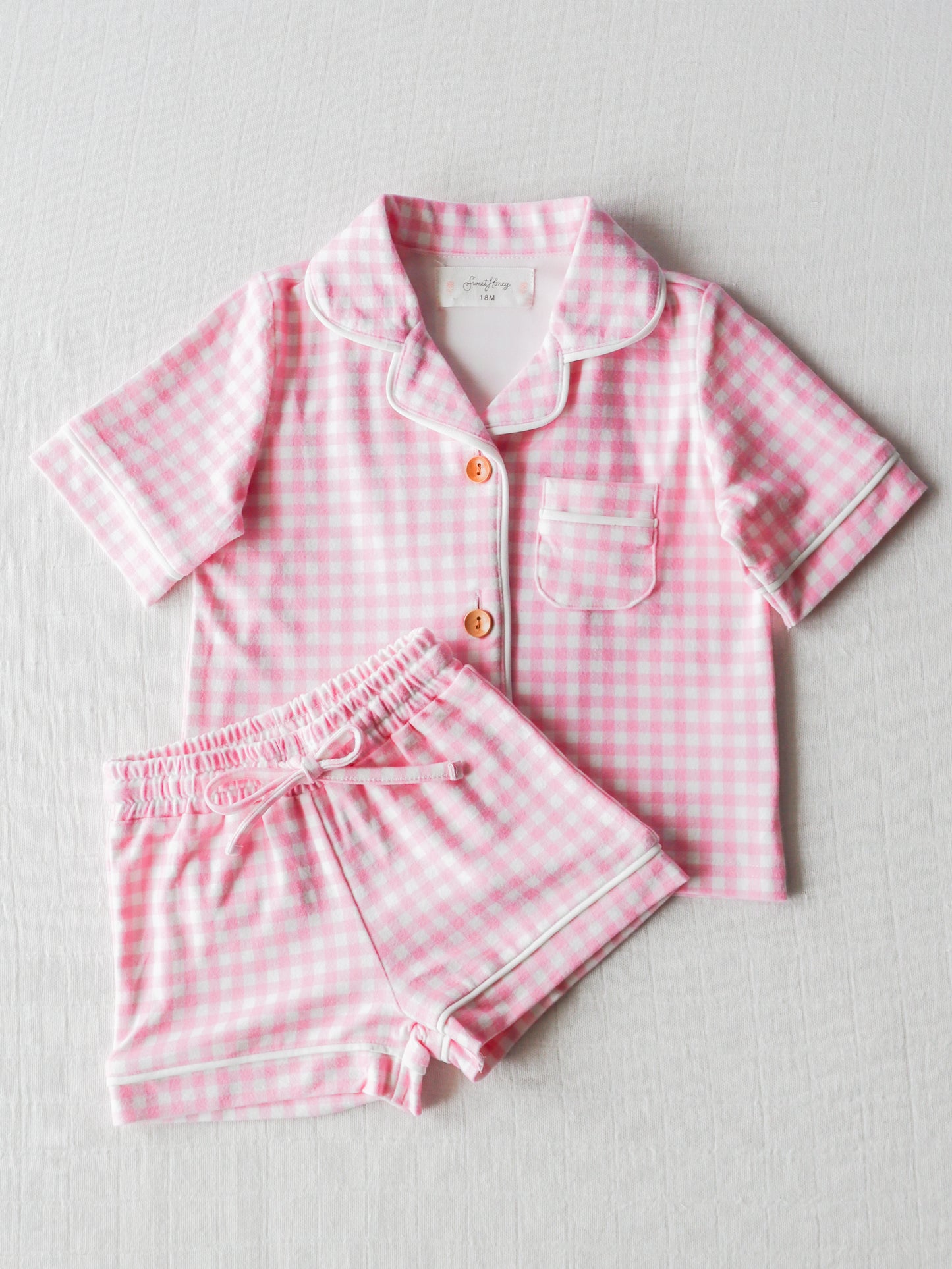 baby girl short sleeve pink plaid pajama set