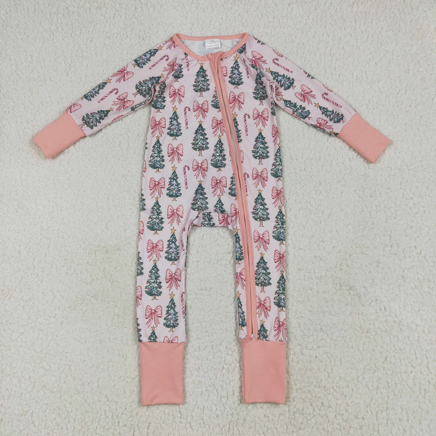 Christmas tree pink bow girls long sleeve outfit