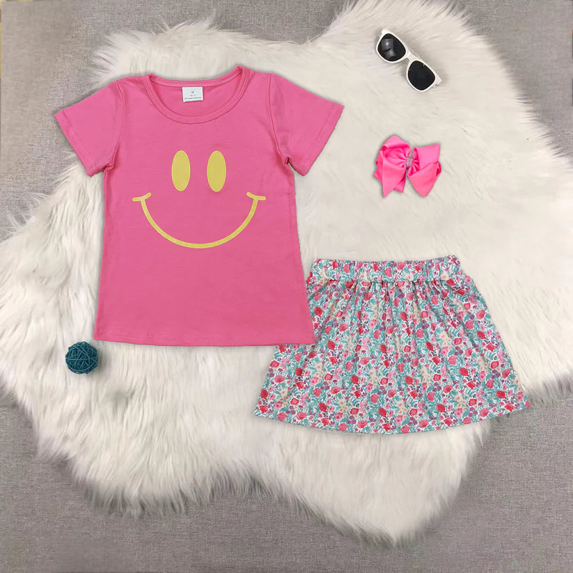 GT0959+GLK0032 Girls smile face shirt floral skirt summer clothes