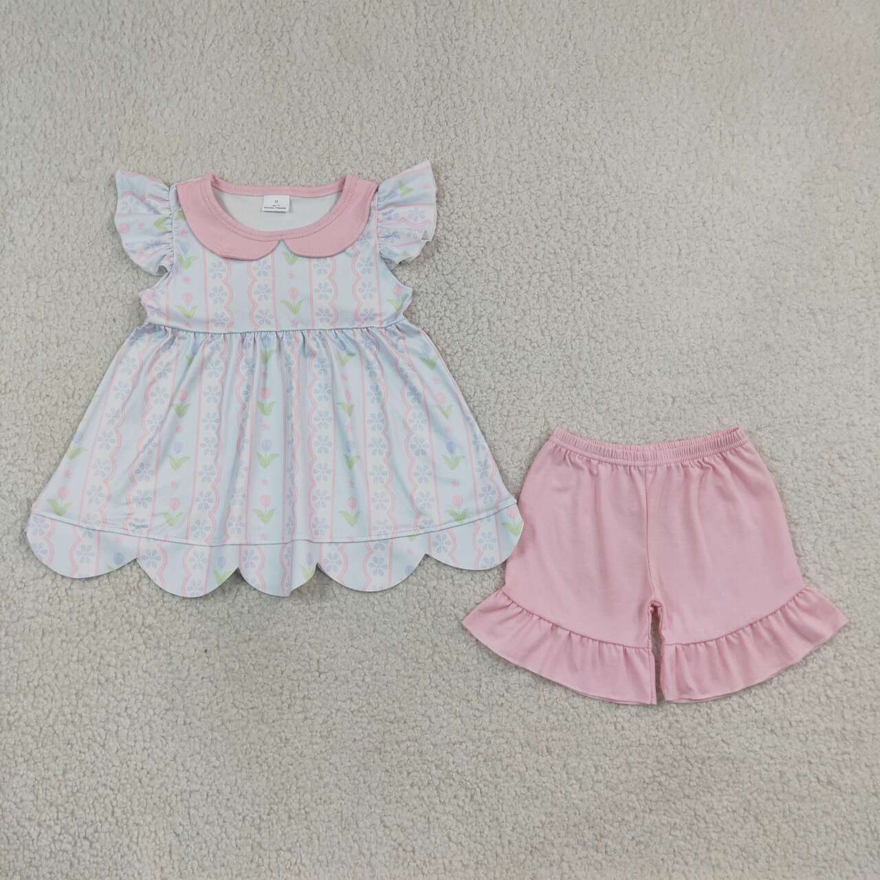 Pink blue flowers top matching floral shorts girl summer outfit