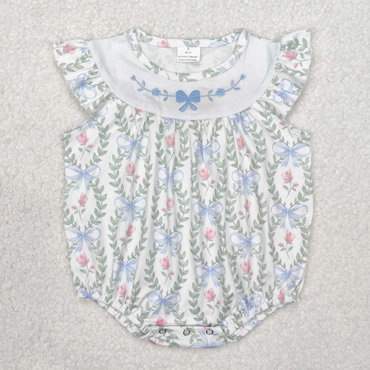 Toddle baby girl embroidery blue bow pink floral romper