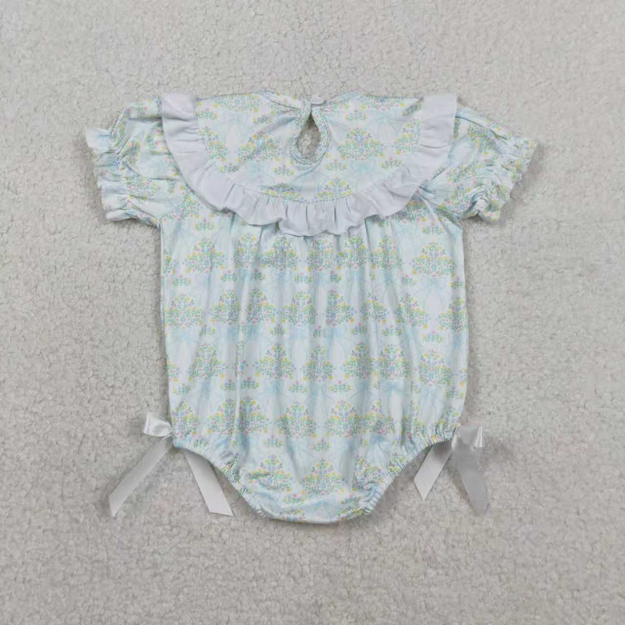 Blue bow floral design baby girls short sleeve smocked dress