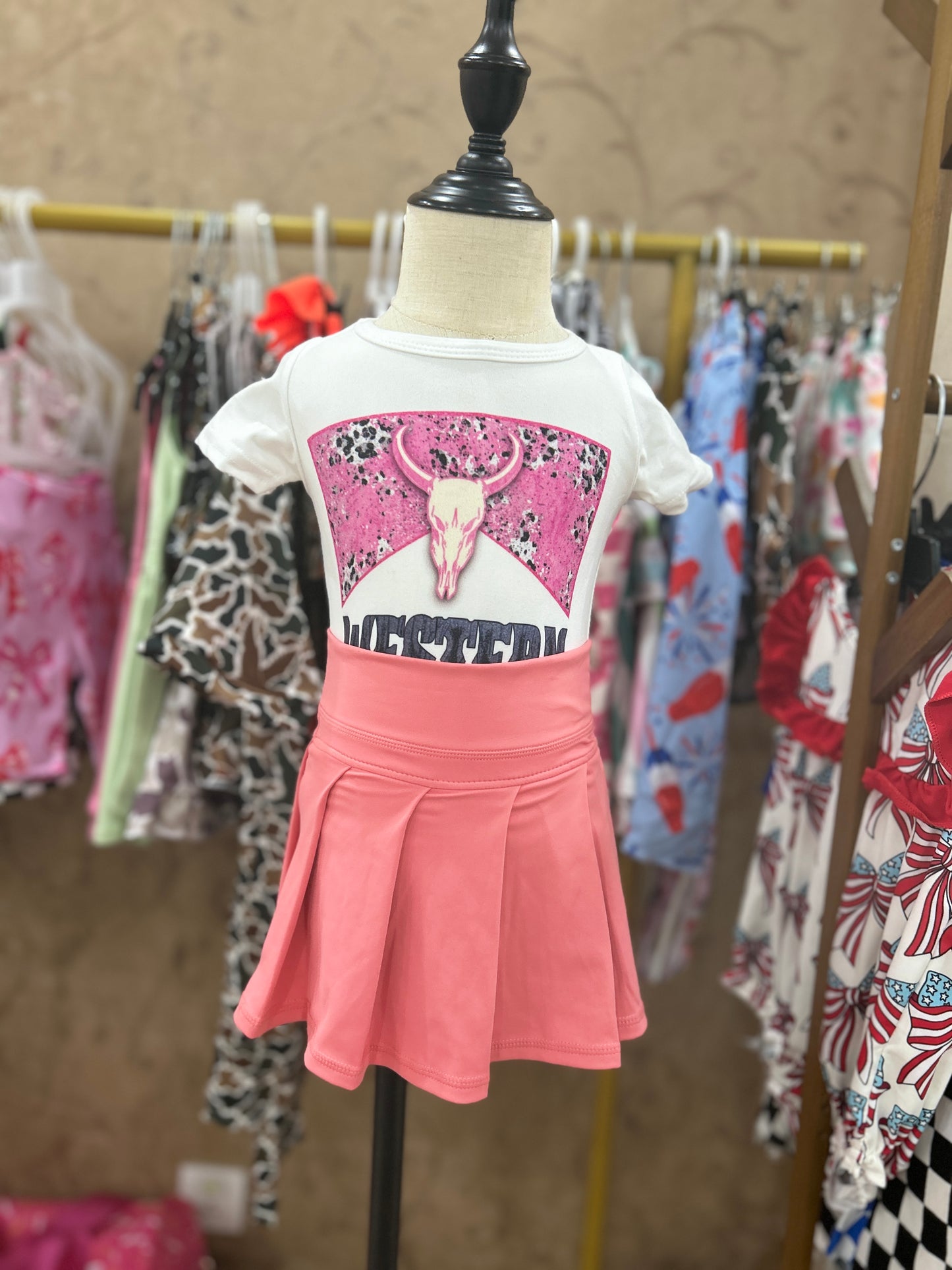 Girls western babe shirt matching coral yoga skirt summer outfit