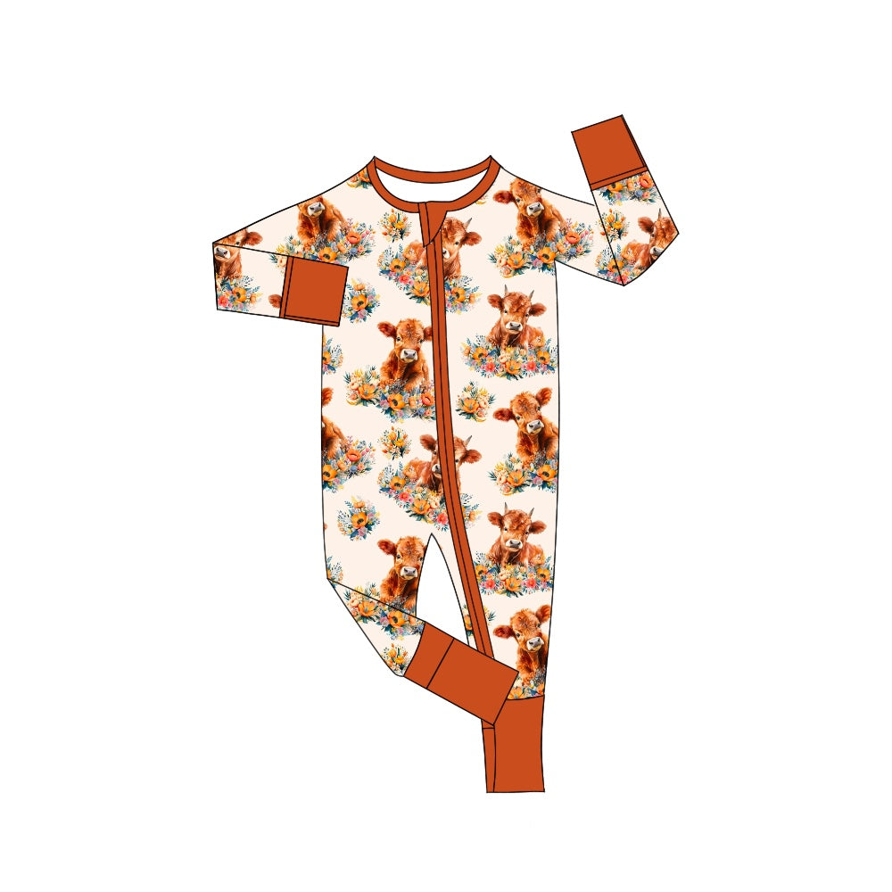 toddle baby highland cow floral long sleeve zip romper