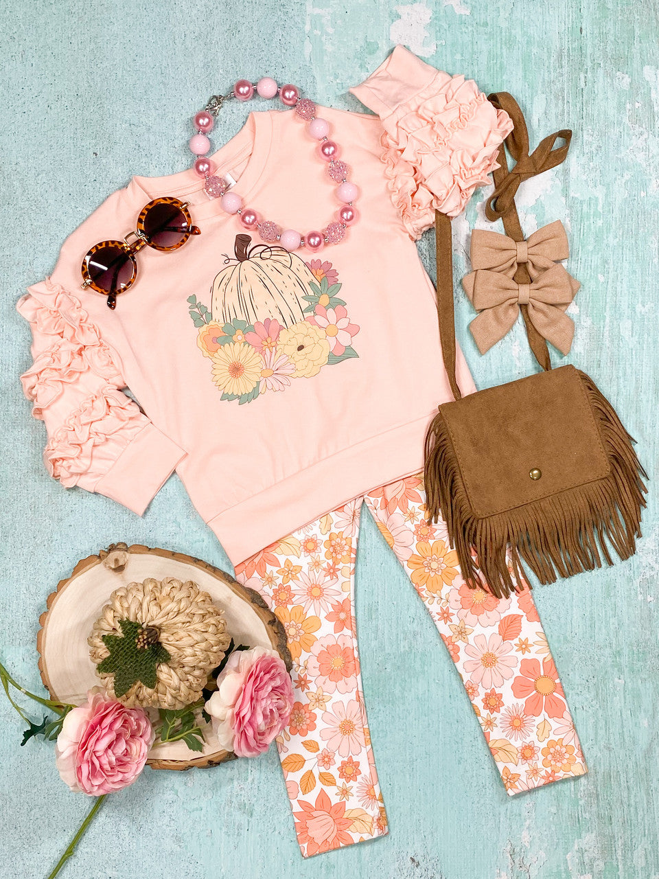 Wholesale kids girls pink floral pumpkin top matching pants clothes