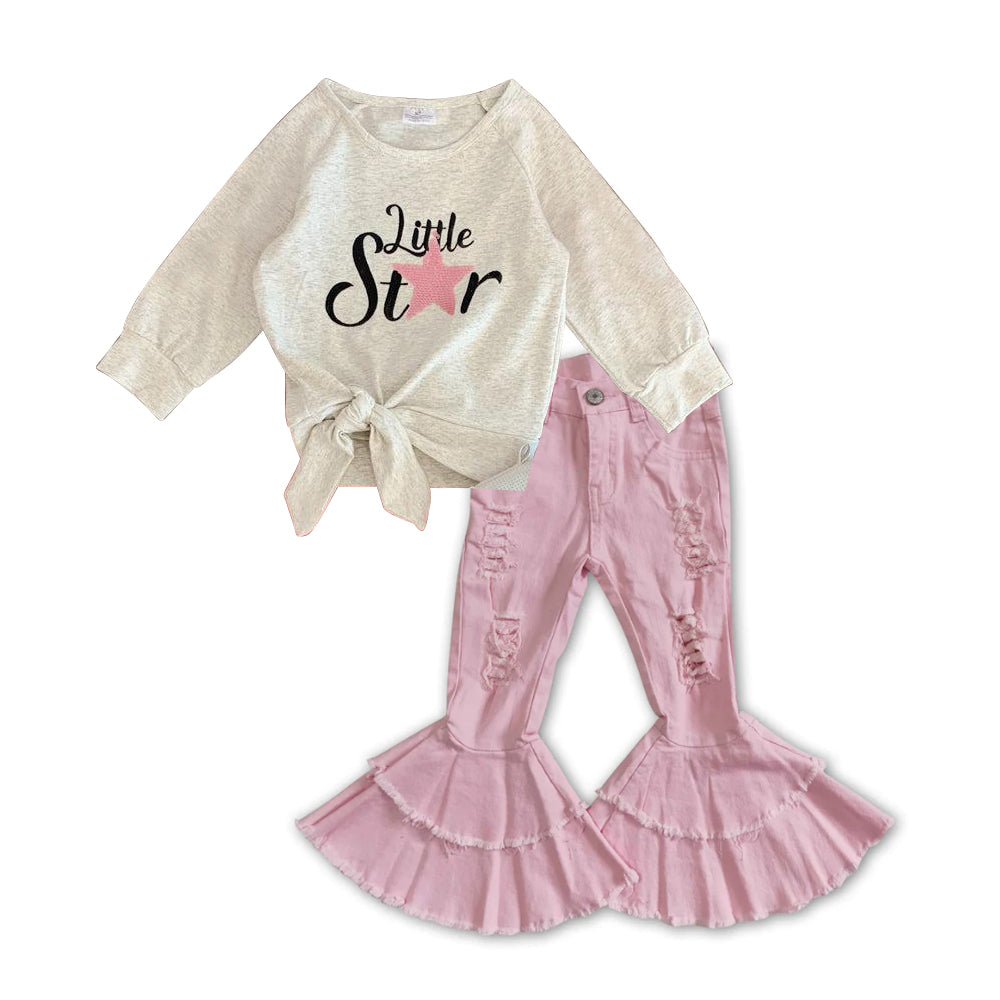 little star top pink distressed jeans bell bottoms outfit