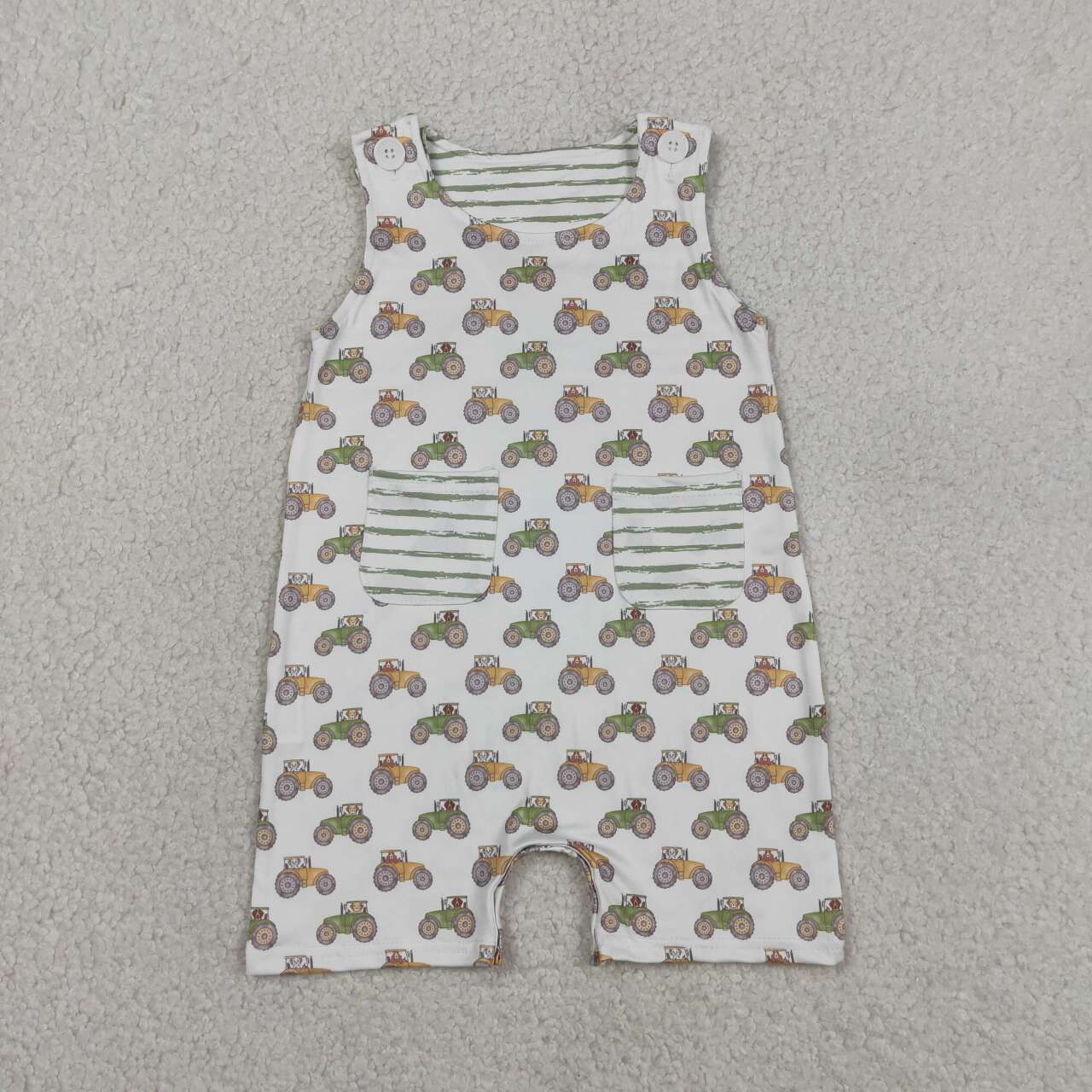 green farm tractor baby boy pocket romper