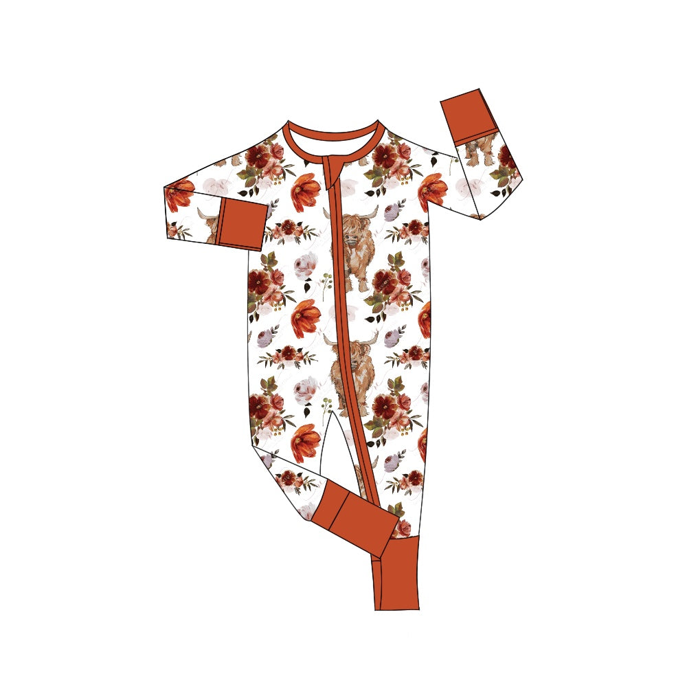 highland cow floral long sleeve zip romper