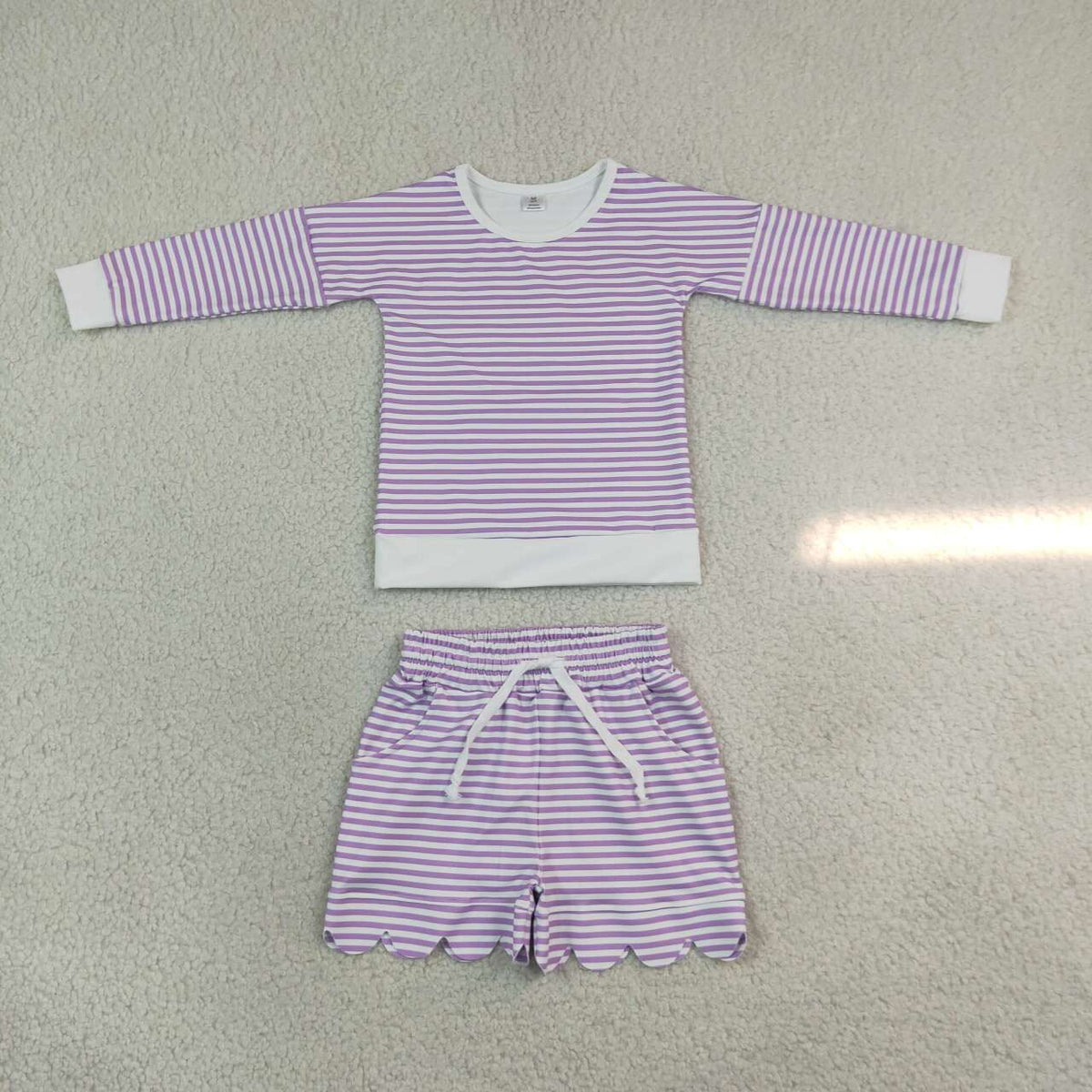 Lavender stripes long sleeve yoga pullover top matching shorts girls outfit