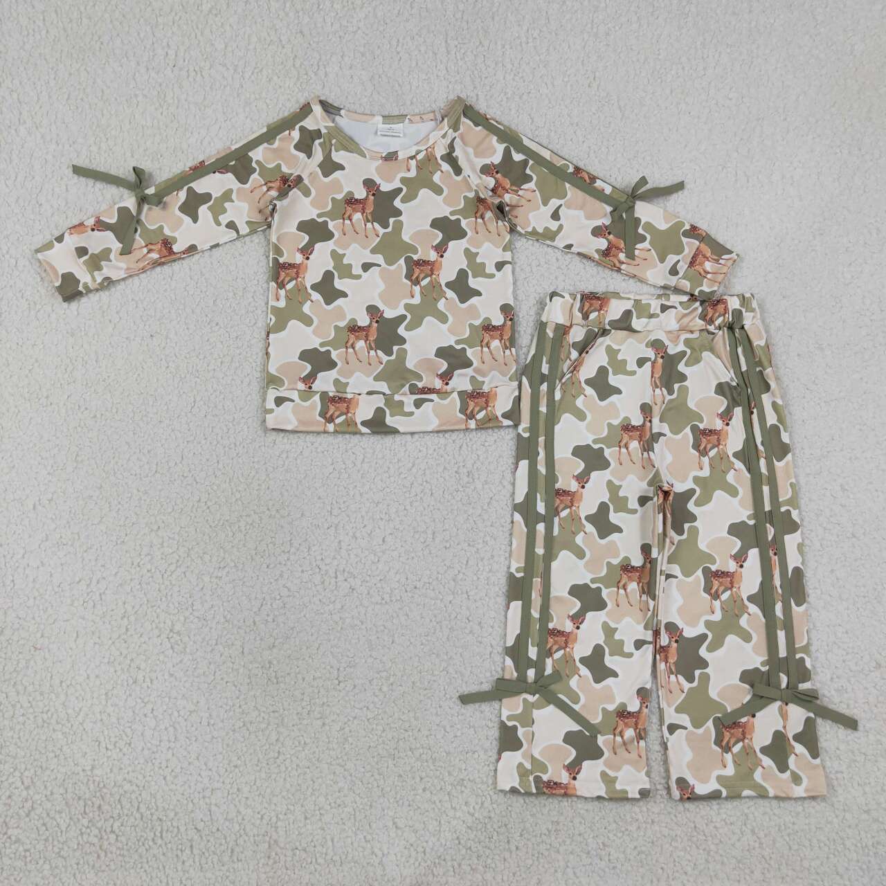 Deer camo long sleeve top matching pants girl outfit