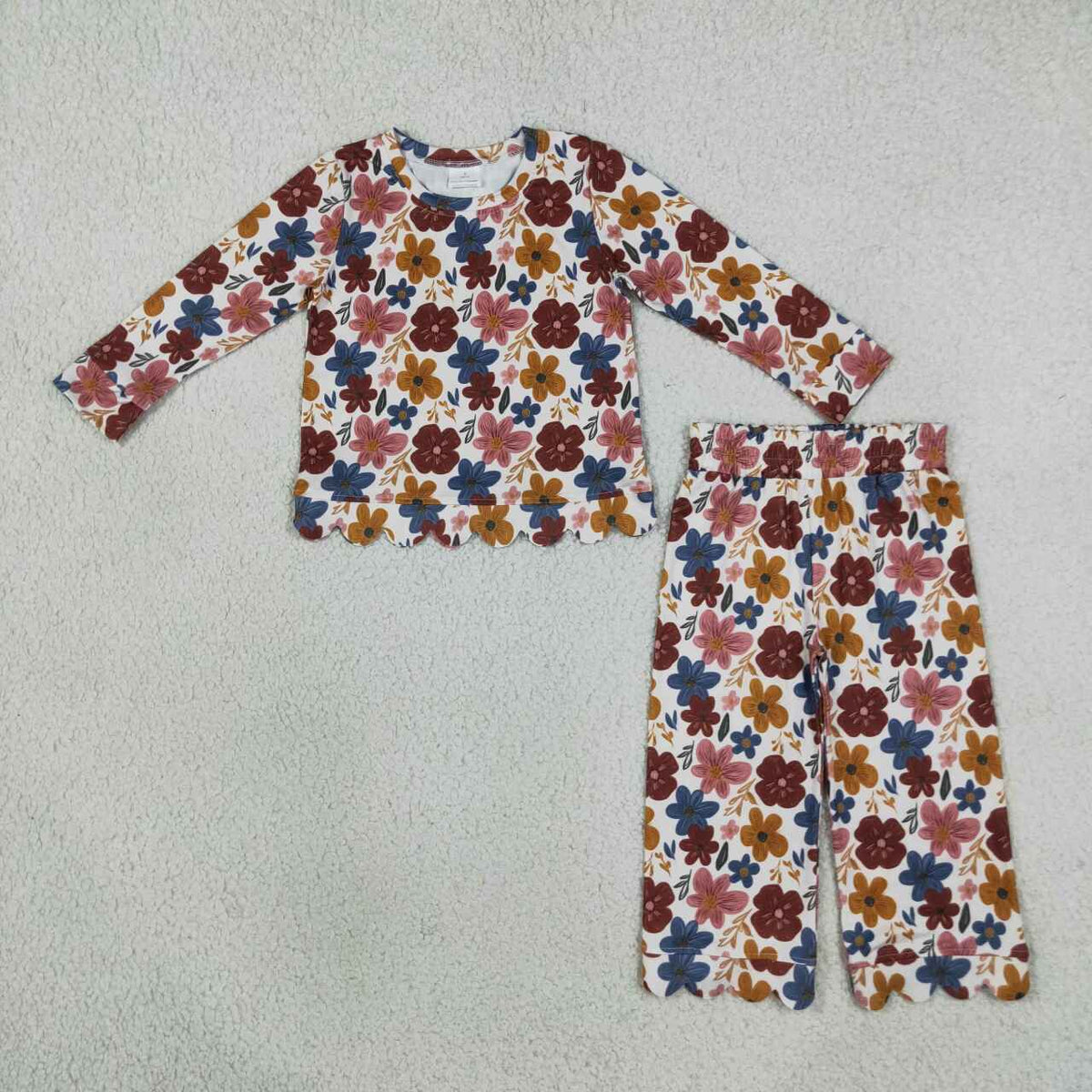 Brown pink flowers top matching pants girls long sleeve scallop outfit