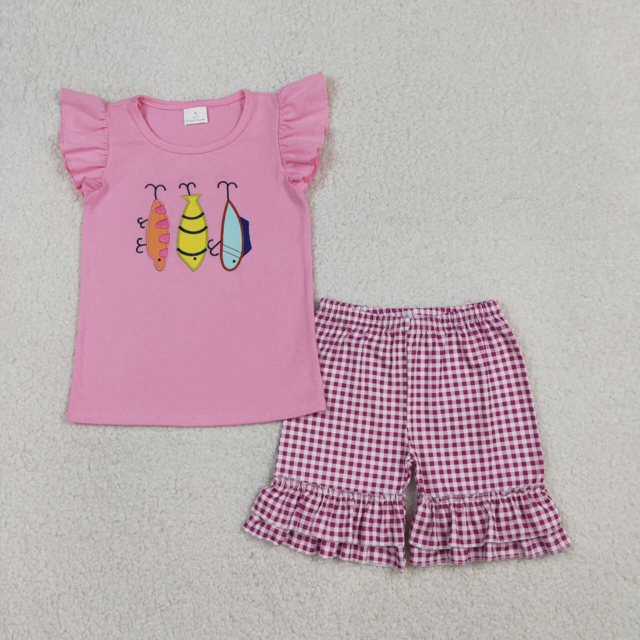 Embroidery Fishing shirt matching shorts girls outfit