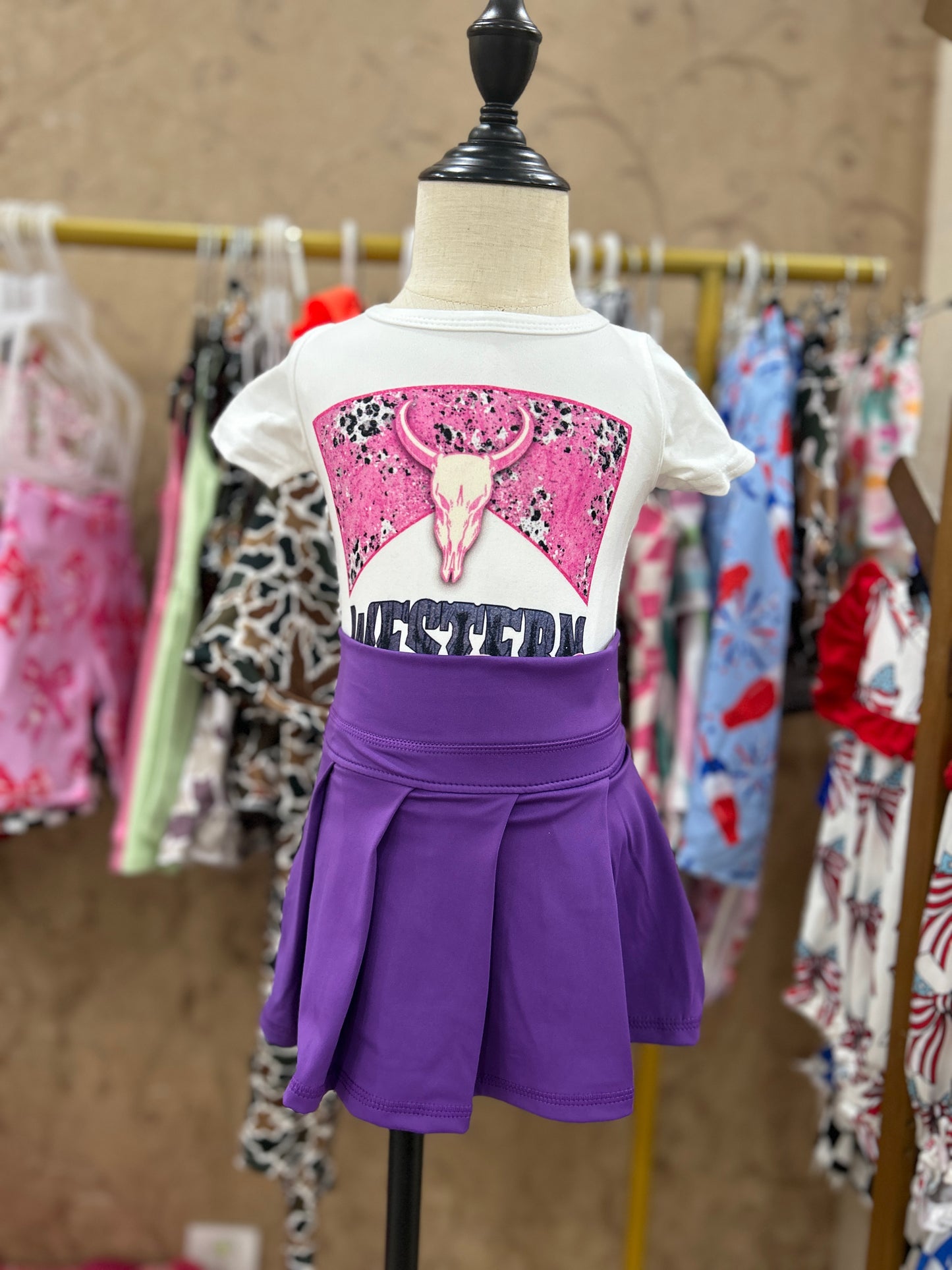 Girls western babe shirt matching purple yoga skirt summer outfit